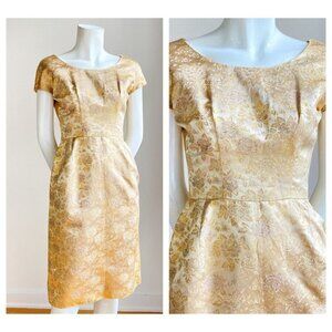 Vintage 50s  60s Gold Brocade Floral Short Sleeve Dress S